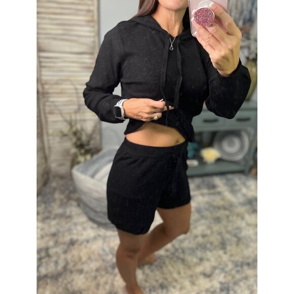 Knit Sweater Dressy Lounge Hoodie Kangaroo Drawstring Top Bottom Set Black 2922 - Picture 2 of 7